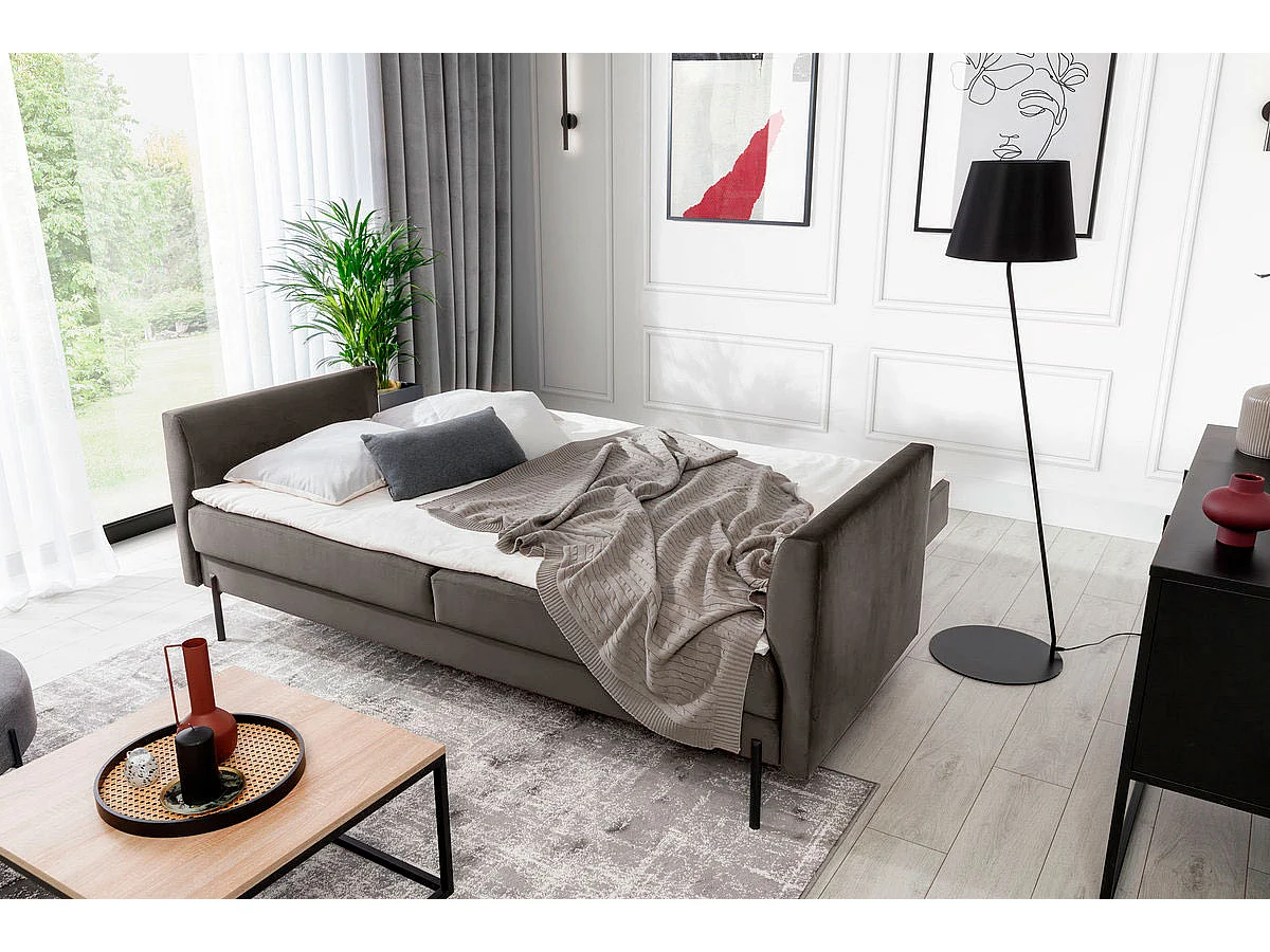 Canapé convertible en velours ROBBY – Rangement et pieds métal noir-Gris taupe