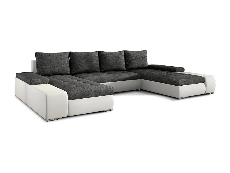 Canapé panoramique convertible TINO bi-matière avec rangement-Blanc/Gris foncé