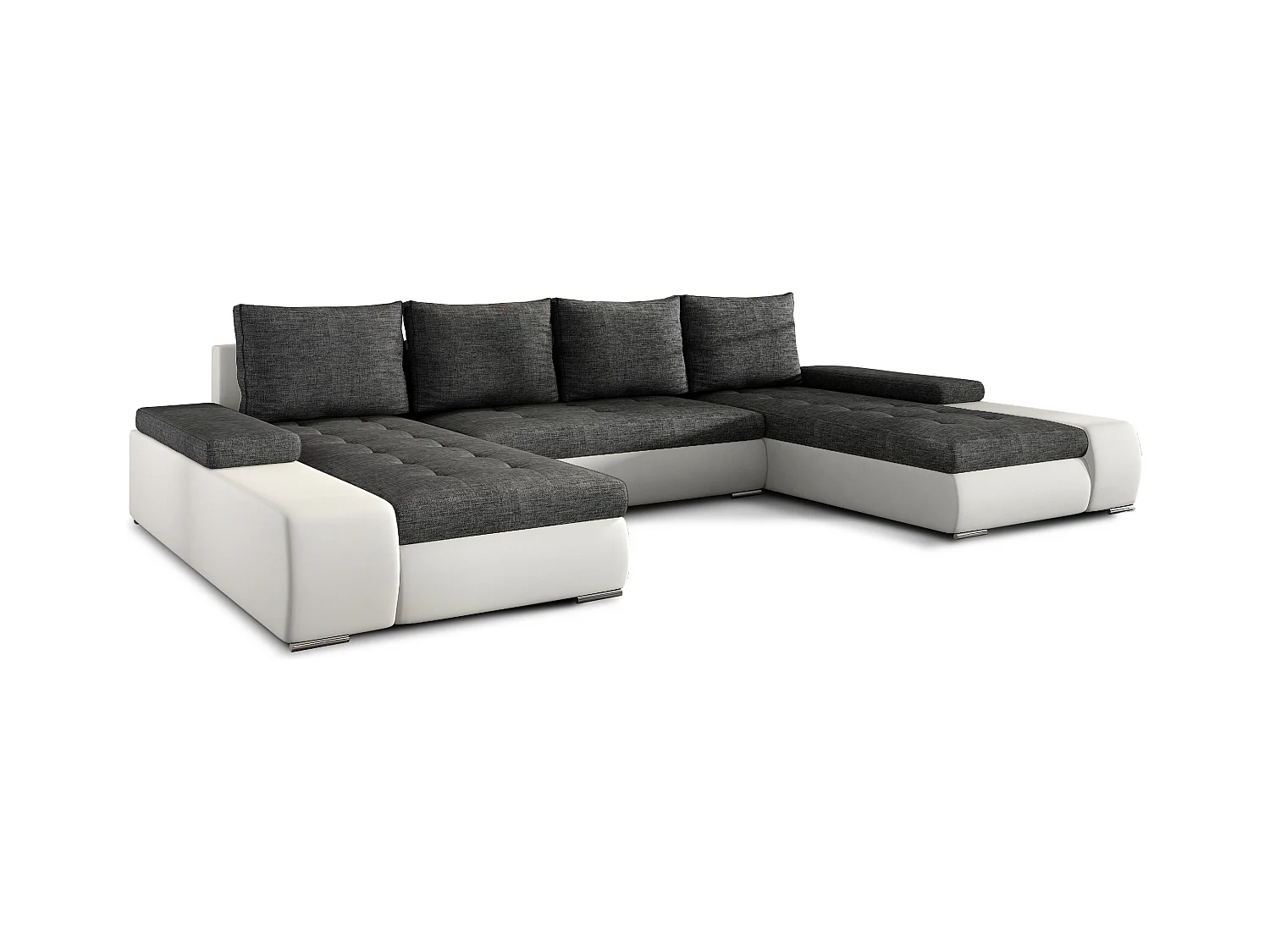 Canapé panoramique convertible TINO bi-matière avec rangement-Blanc/Gris foncé