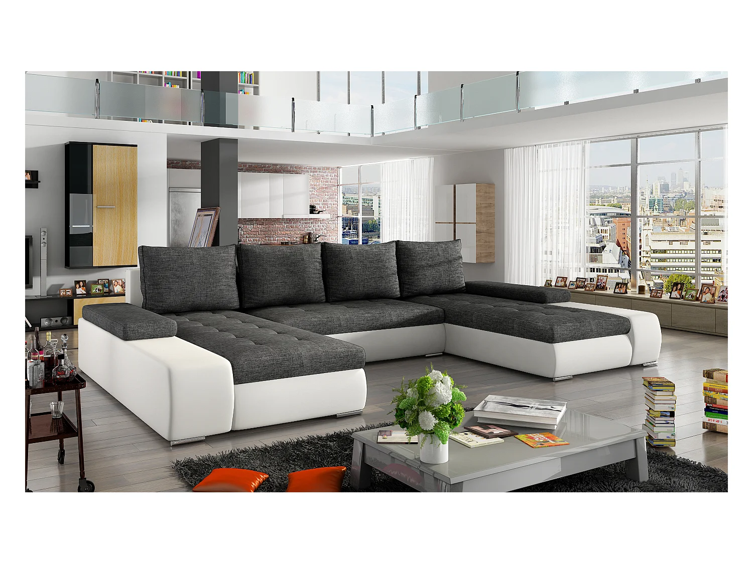 Canapé panoramique convertible TINO bi-matière avec rangement-Blanc/Gris foncé