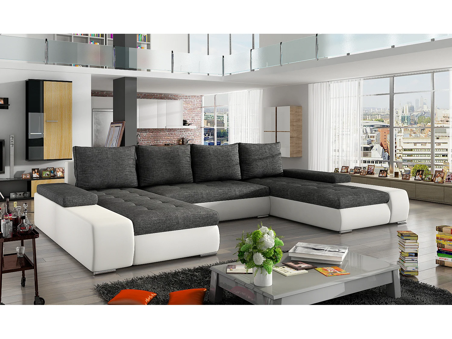 Canapé panoramique convertible TINO bi-matière avec rangement-Blanc/Gris foncé