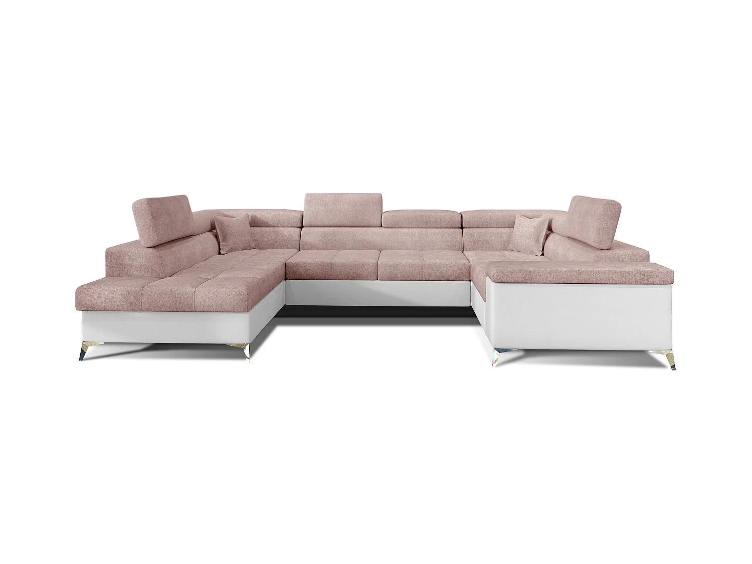 Canapé panoramique convertible TRIANO Bi matière - têtières réglables-Blanc/Rose clair-Coffre à gauche