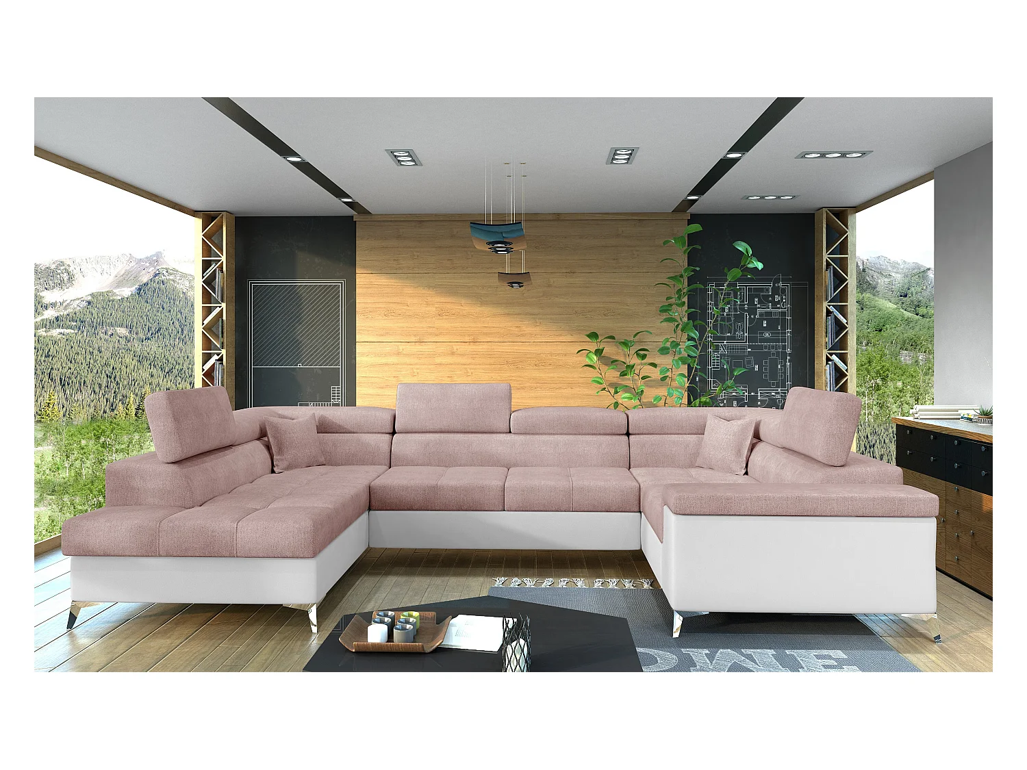 Canapé panoramique convertible TRIANO Bi matière - têtières réglables-Blanc/Rose clair-Coffre à gauche