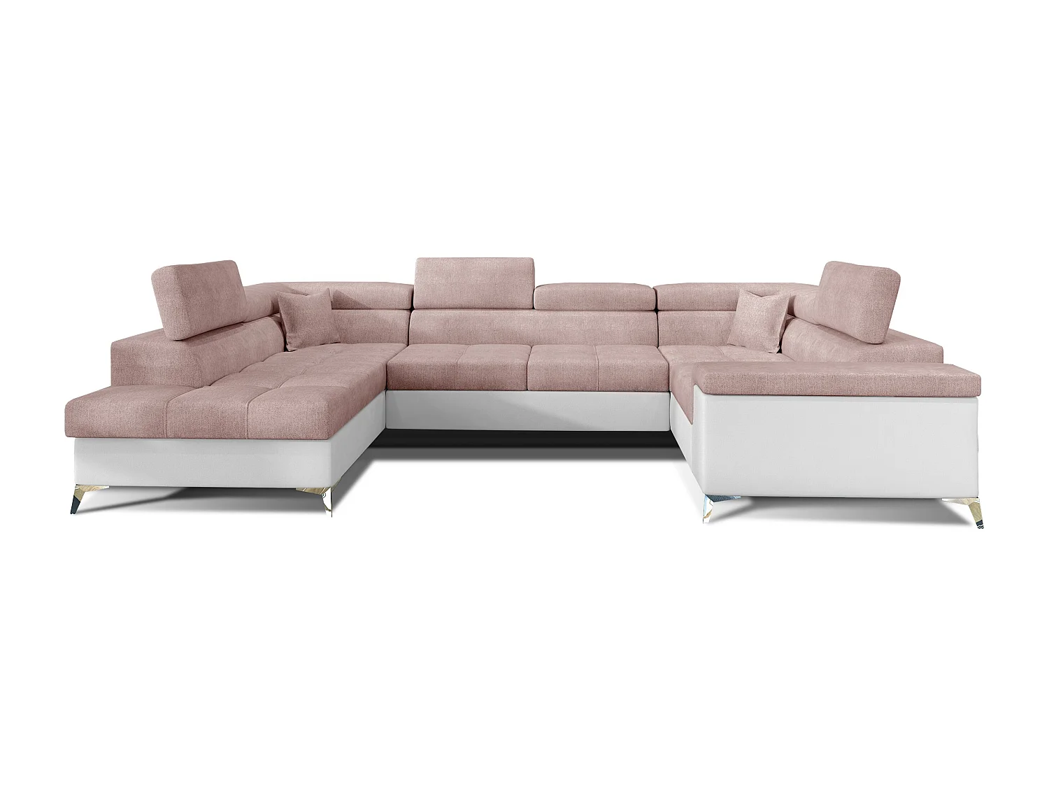 Canapé panoramique convertible TRIANO Bi matière - têtières réglables-Blanc/Rose clair-Coffre à gauche