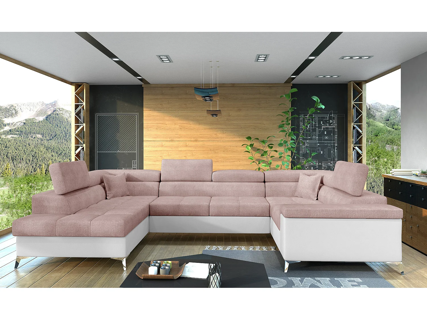 Canapé panoramique convertible TRIANO Bi matière - têtières réglables-Blanc/Rose clair-Coffre à gauche