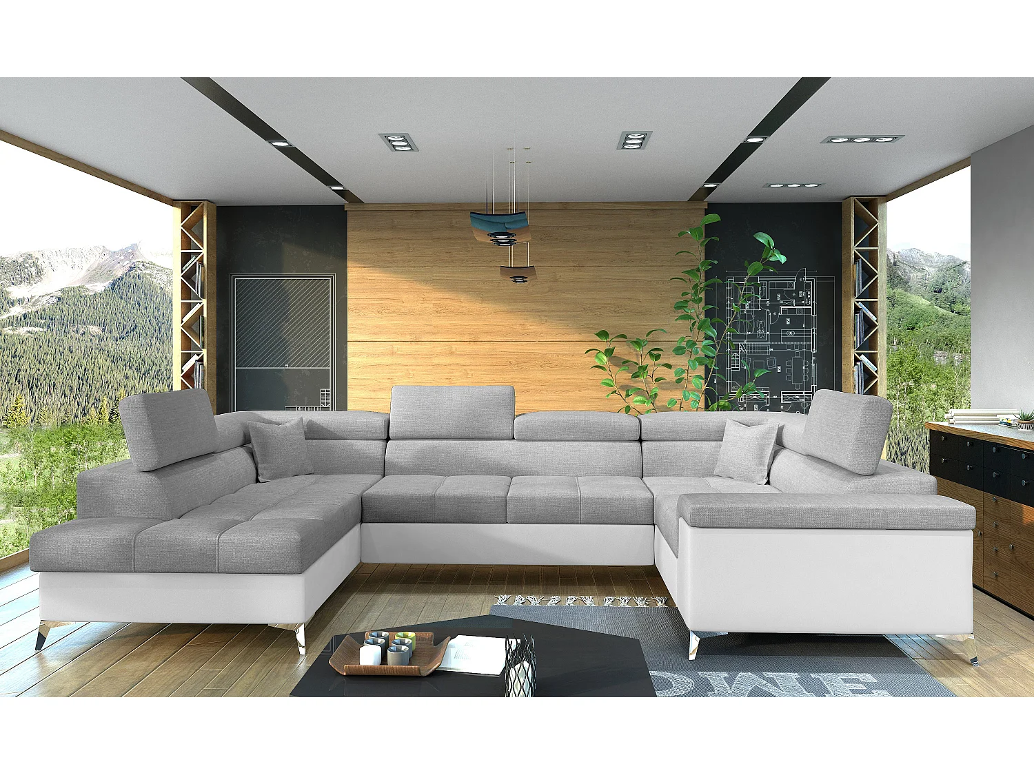 Canapé panoramique convertible TRIANO Bi matière - têtières réglables-Blanc/Rose clair-Coffre à gauche