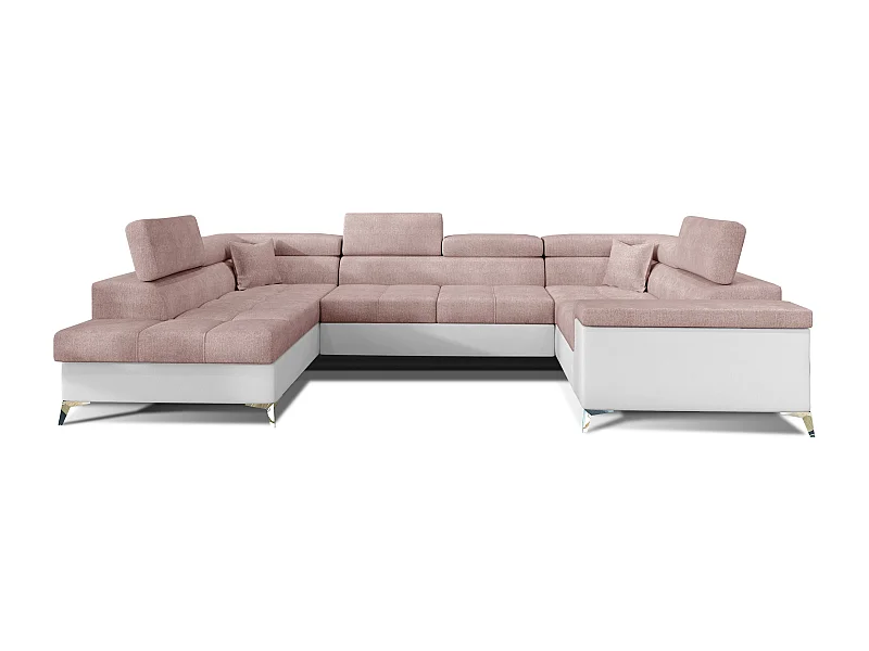 Canapé panoramique convertible TRIANO Bi matière - têtières réglables-Blanc/Rose clair-Coffre à gauche