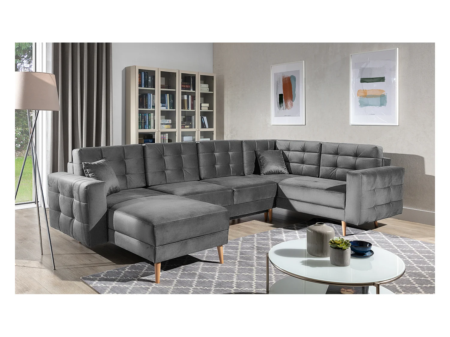 ANSKA converteerbare panoramische bank in fluweel - Poten van natuurlijk hout-Kleur Grijs