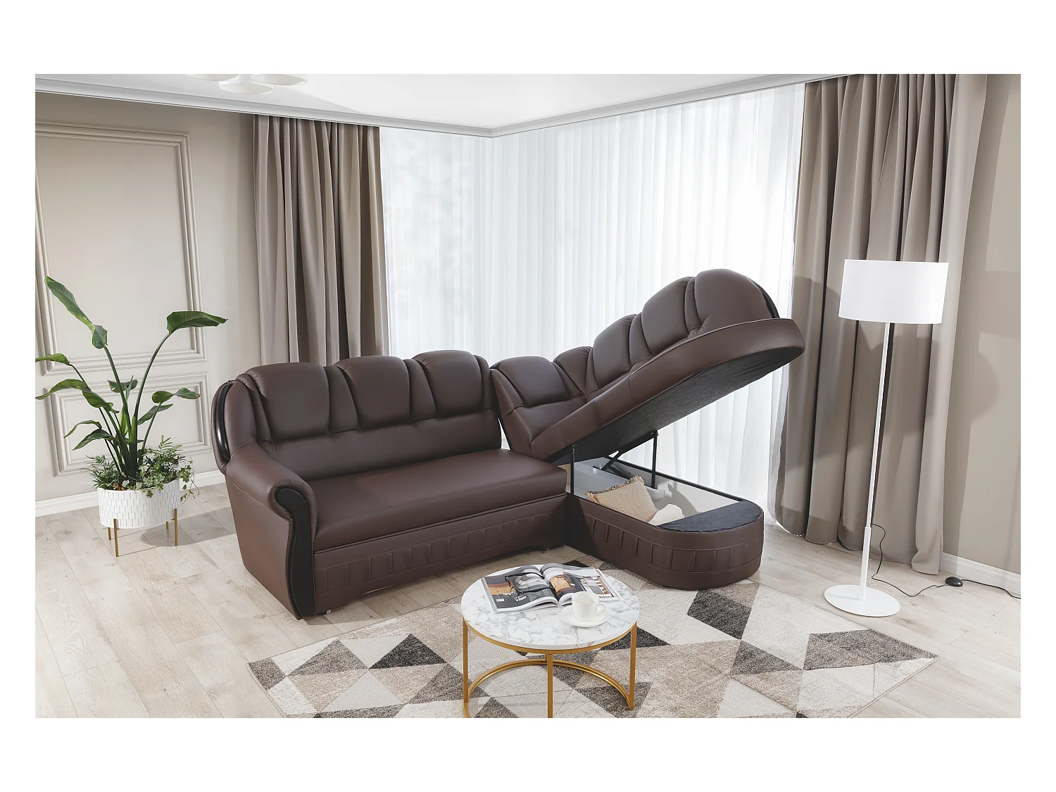 Canapé d'angle convertible avec rangement en simili cuir Majesté-Marron-angle droit