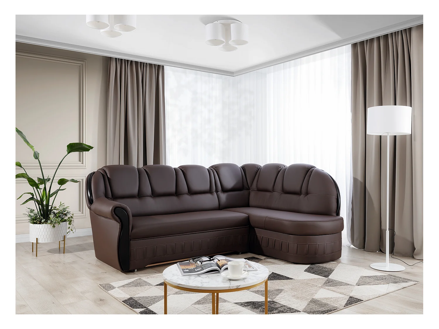 Canapé d'angle convertible avec rangement en simili cuir Majesté-Marron-angle droit