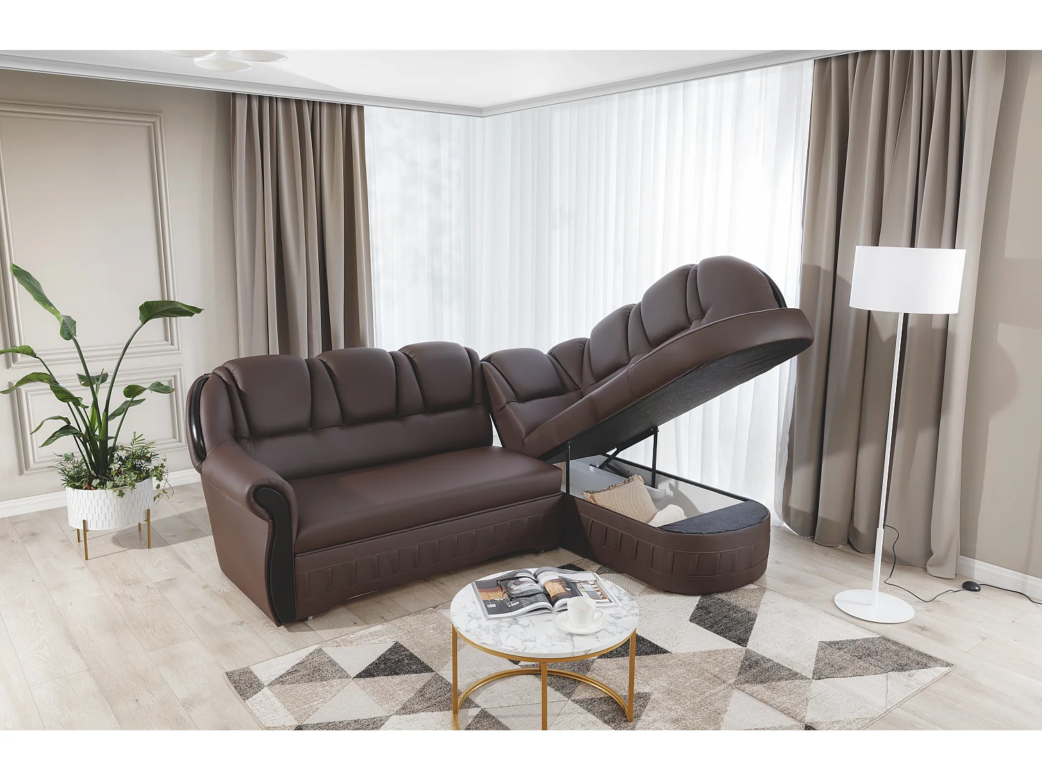 Canapé d'angle convertible avec rangement en simili cuir Majesté-Marron-angle droit