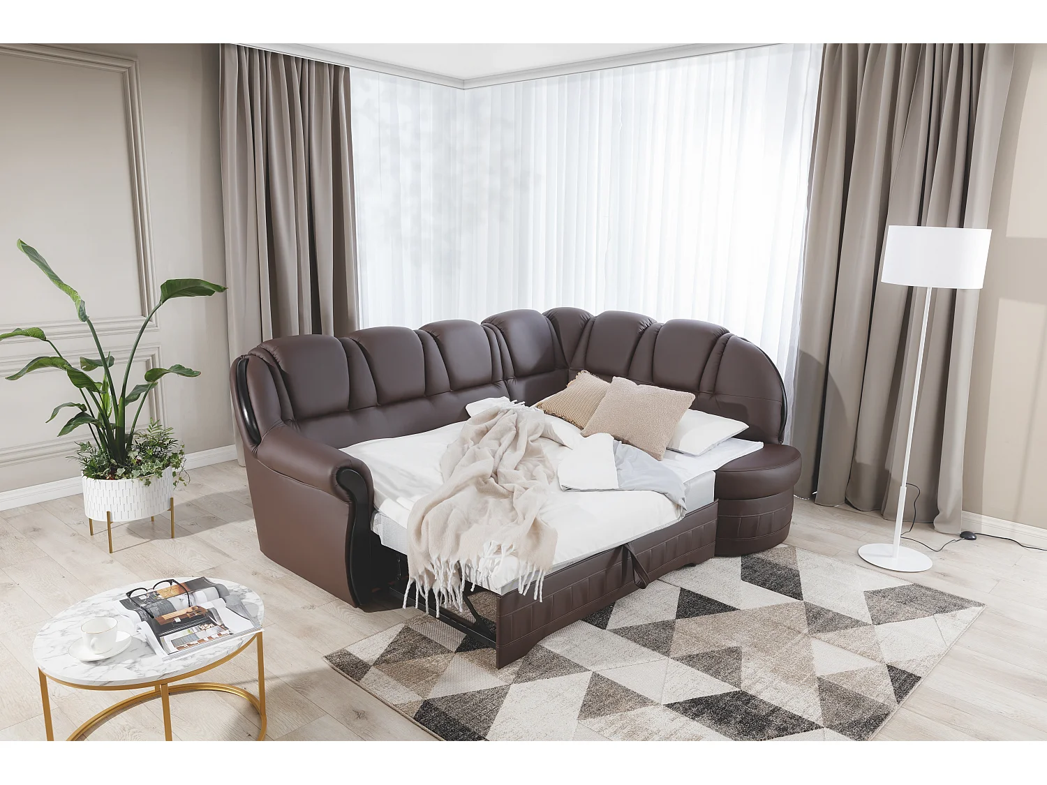 Canapé d'angle convertible avec rangement en simili cuir Majesté-Marron-angle droit