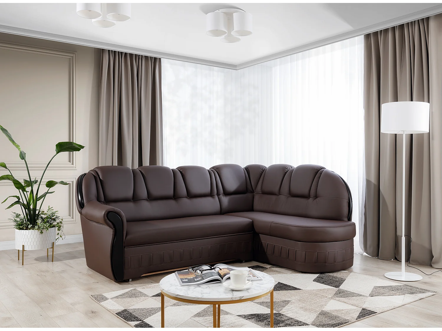 Canapé d'angle convertible avec rangement en simili cuir Majesté-Marron-angle droit