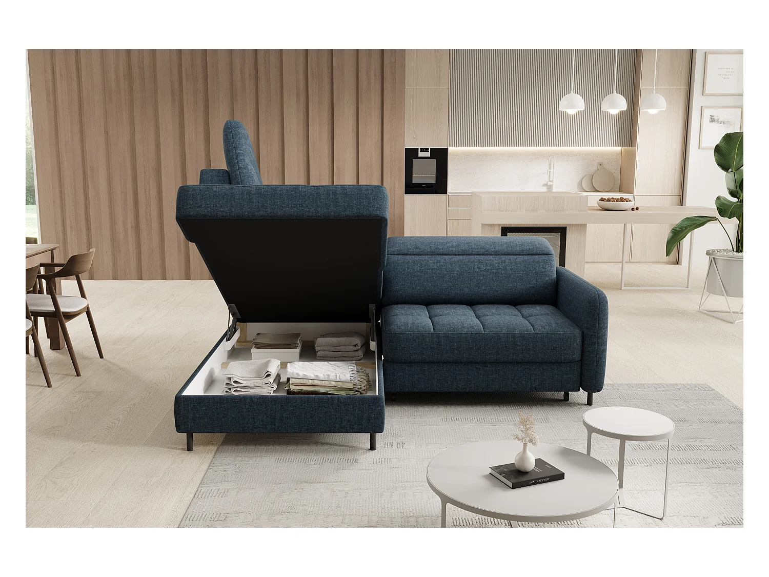 Petit canapé d'angle en tissu convertible avec coffre BOREA 208cm-Bleu foncé-angle gauche