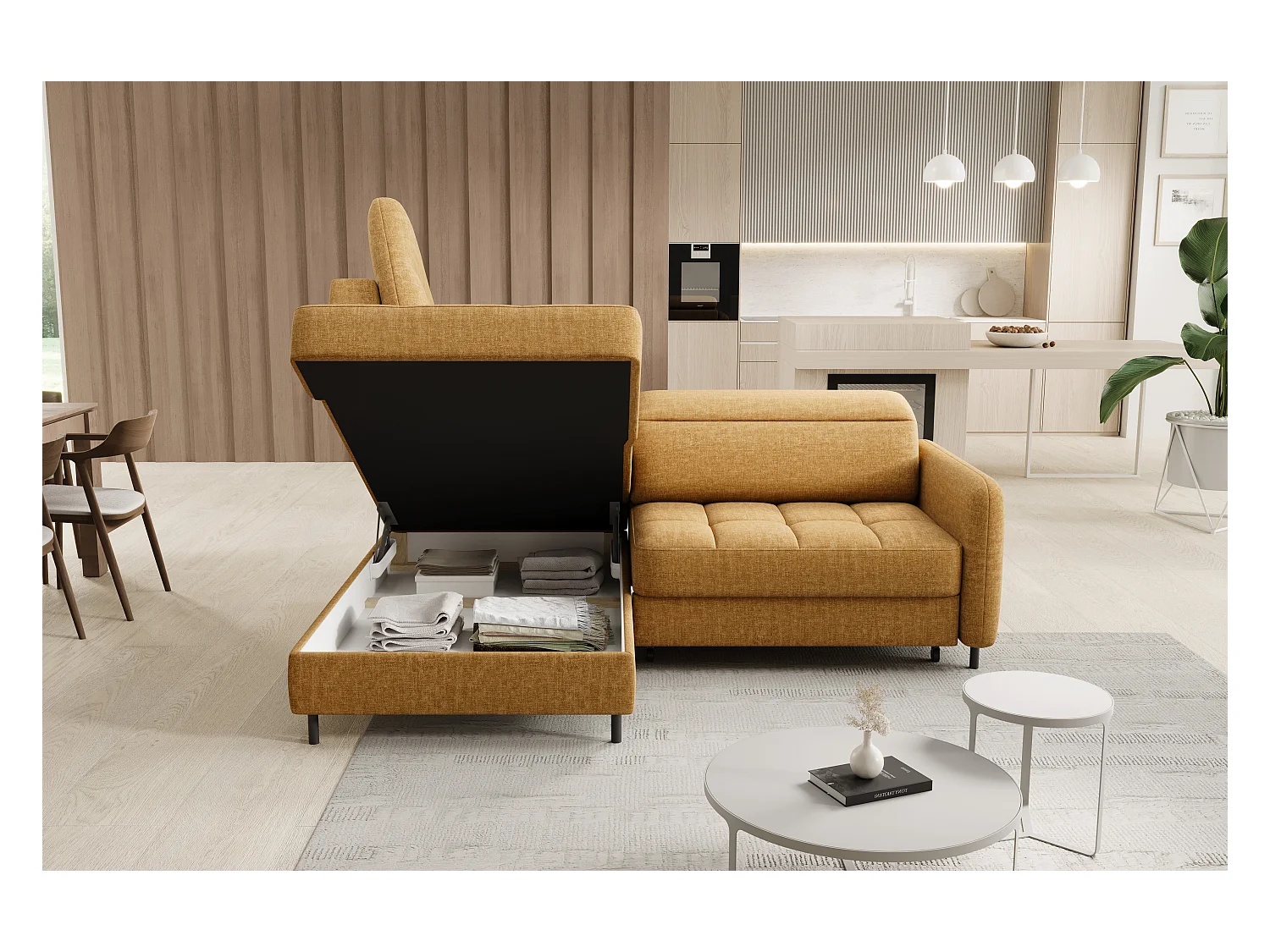 Petit canapé d'angle en tissu convertible avec coffre BOREA 208cm-Bleu foncé-angle gauche