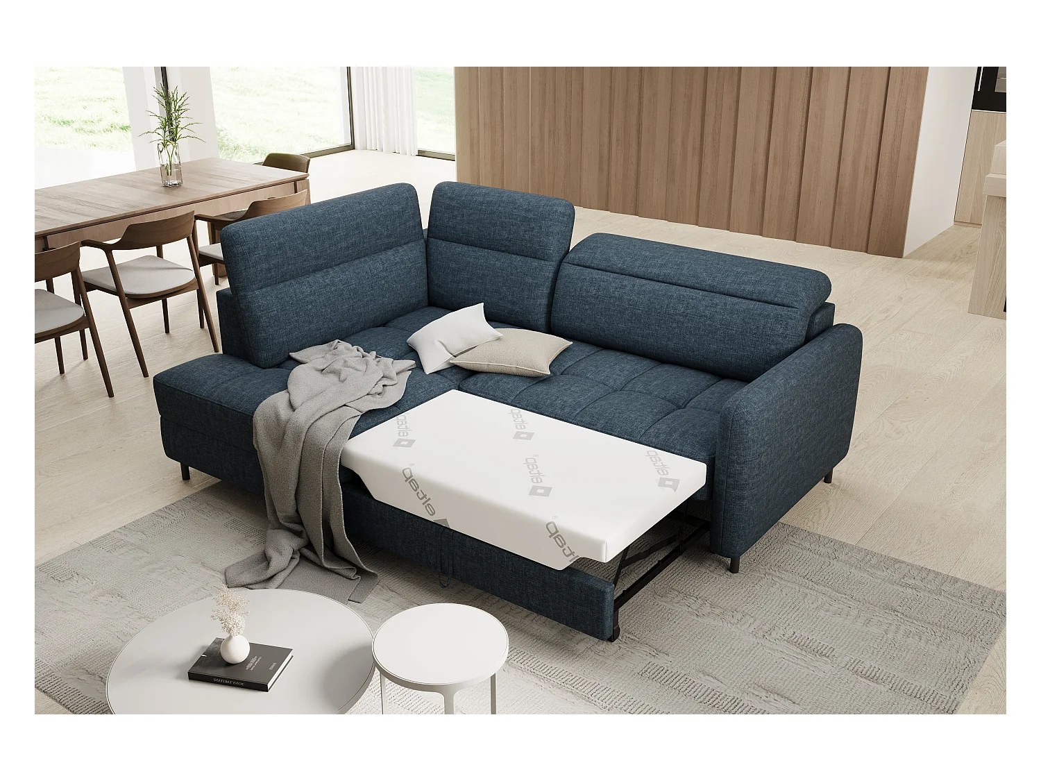 Petit canapé d'angle en tissu convertible avec coffre BOREA 208cm-Bleu foncé-angle gauche