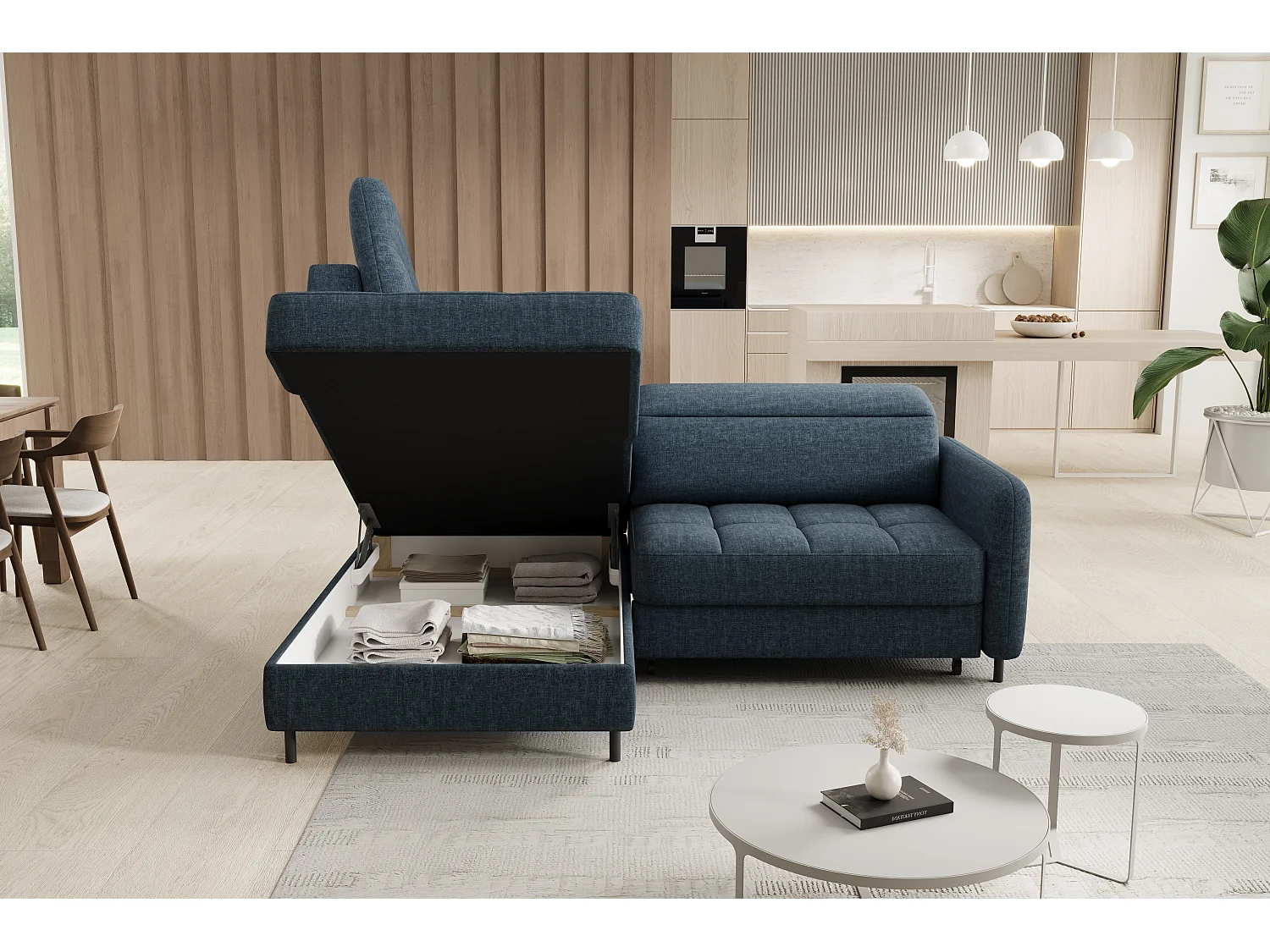 Petit canapé d'angle en tissu convertible avec coffre BOREA 208cm-Bleu foncé-angle gauche