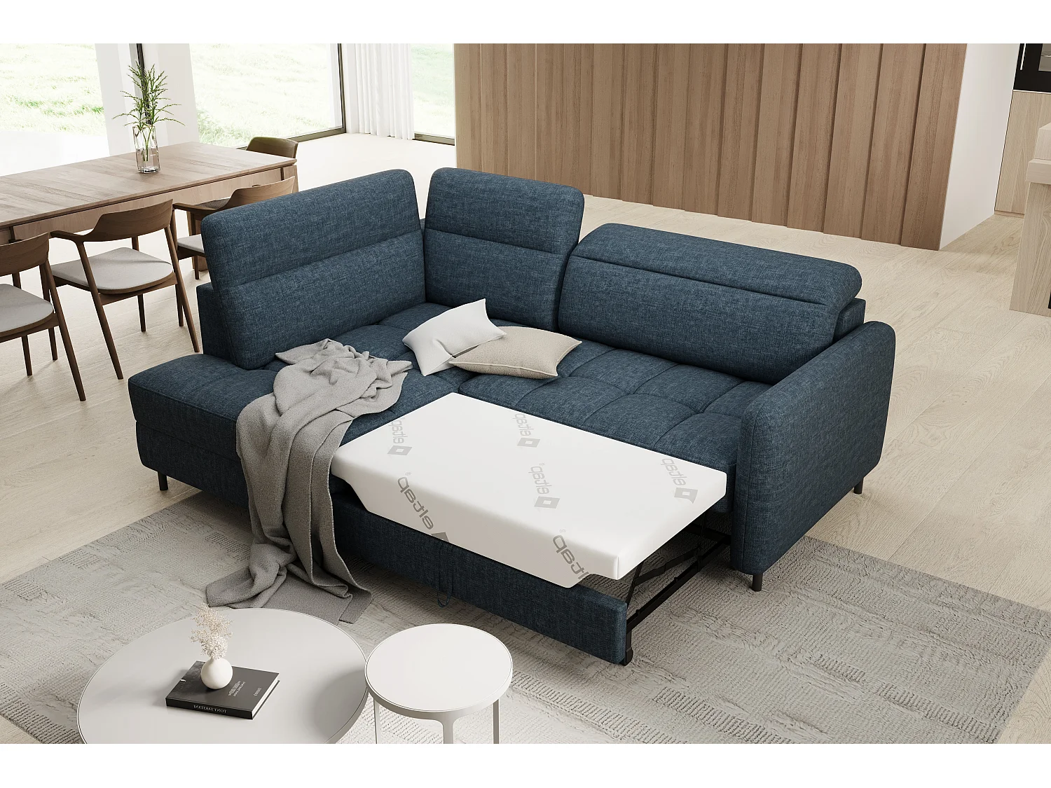 Petit canapé d'angle en tissu convertible avec coffre BOREA 208cm-Bleu foncé-angle gauche