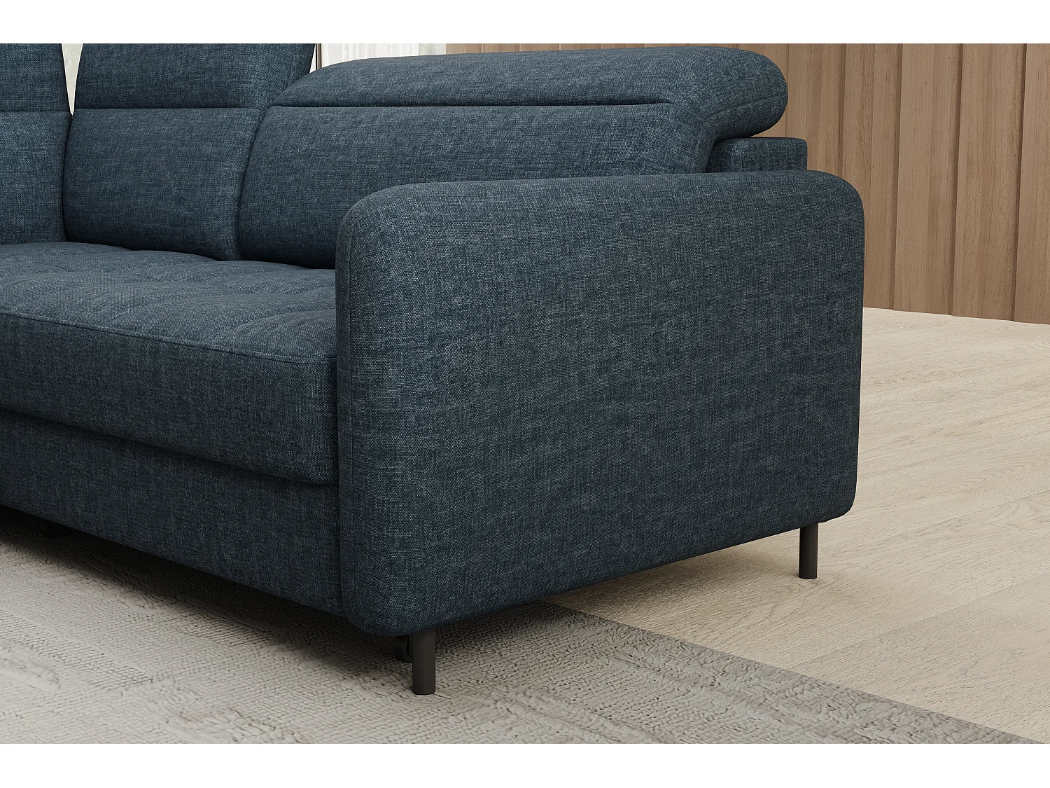 Petit canapé d'angle en tissu convertible avec coffre BOREA 208cm-Bleu foncé-angle gauche