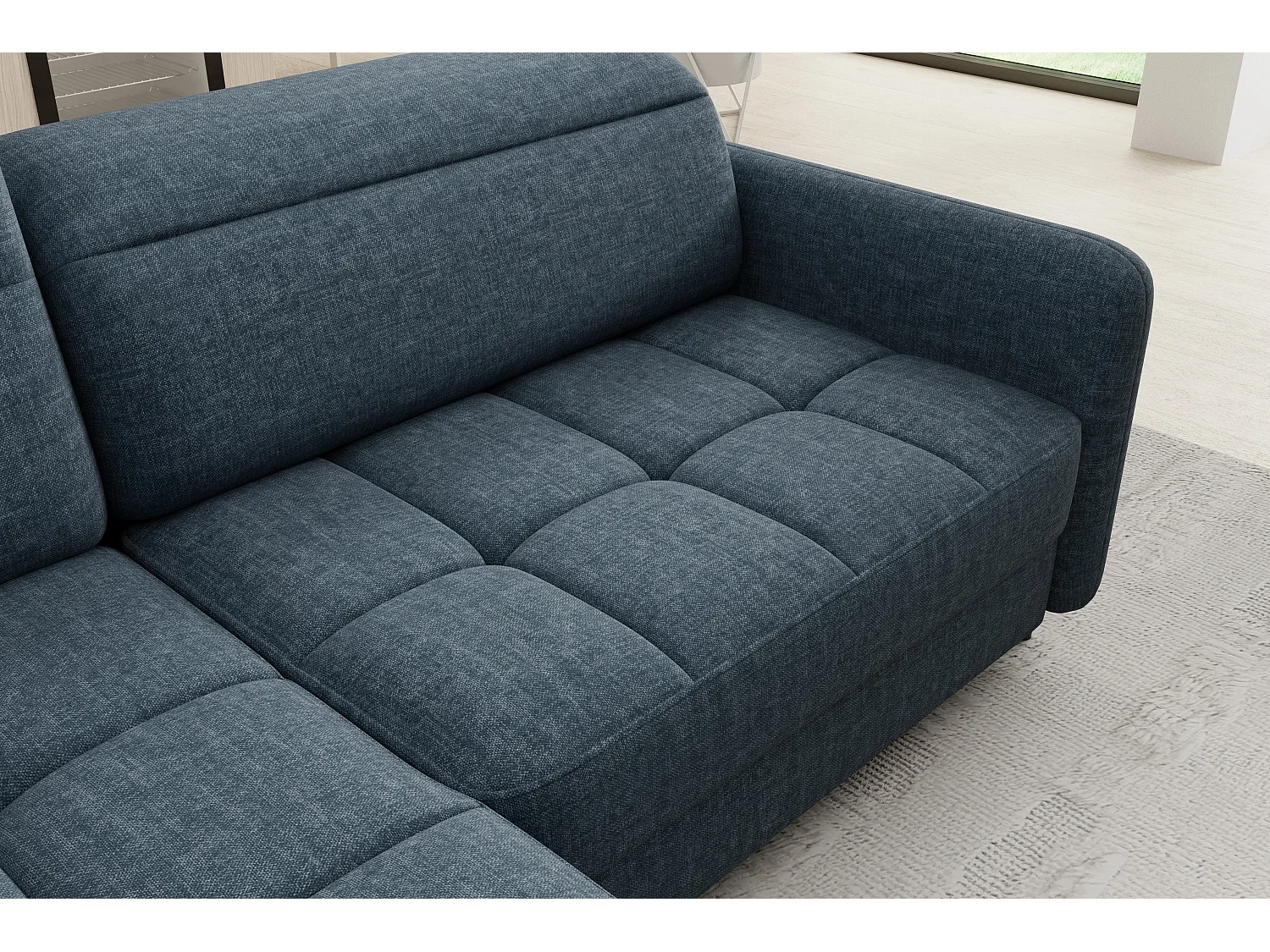 Petit canapé d'angle en tissu convertible avec coffre BOREA 208cm-Bleu foncé-angle gauche