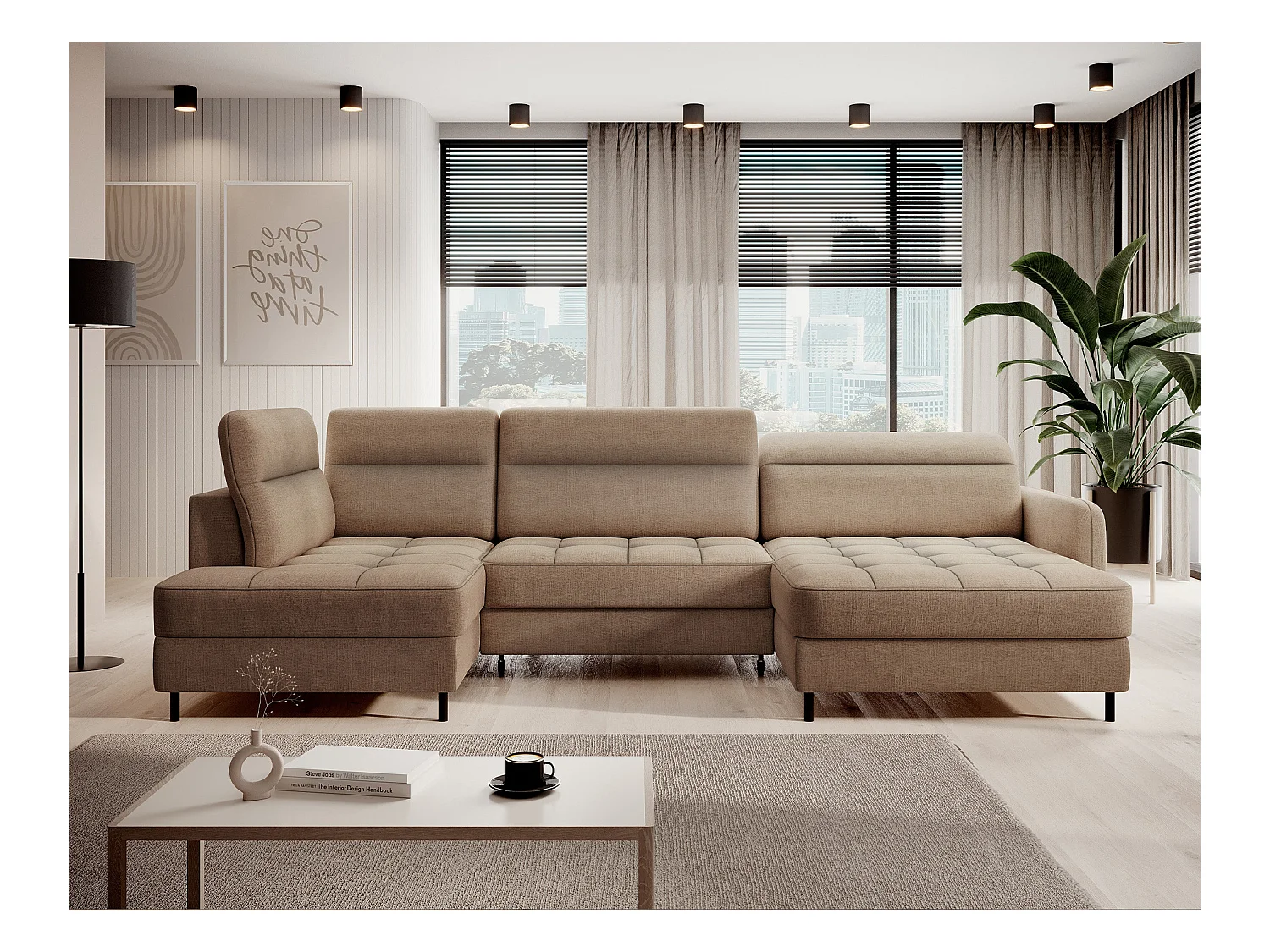 Canapé panoramique convertible BENTO en tissu avec coffre de rangement-Marron clair-angle droit