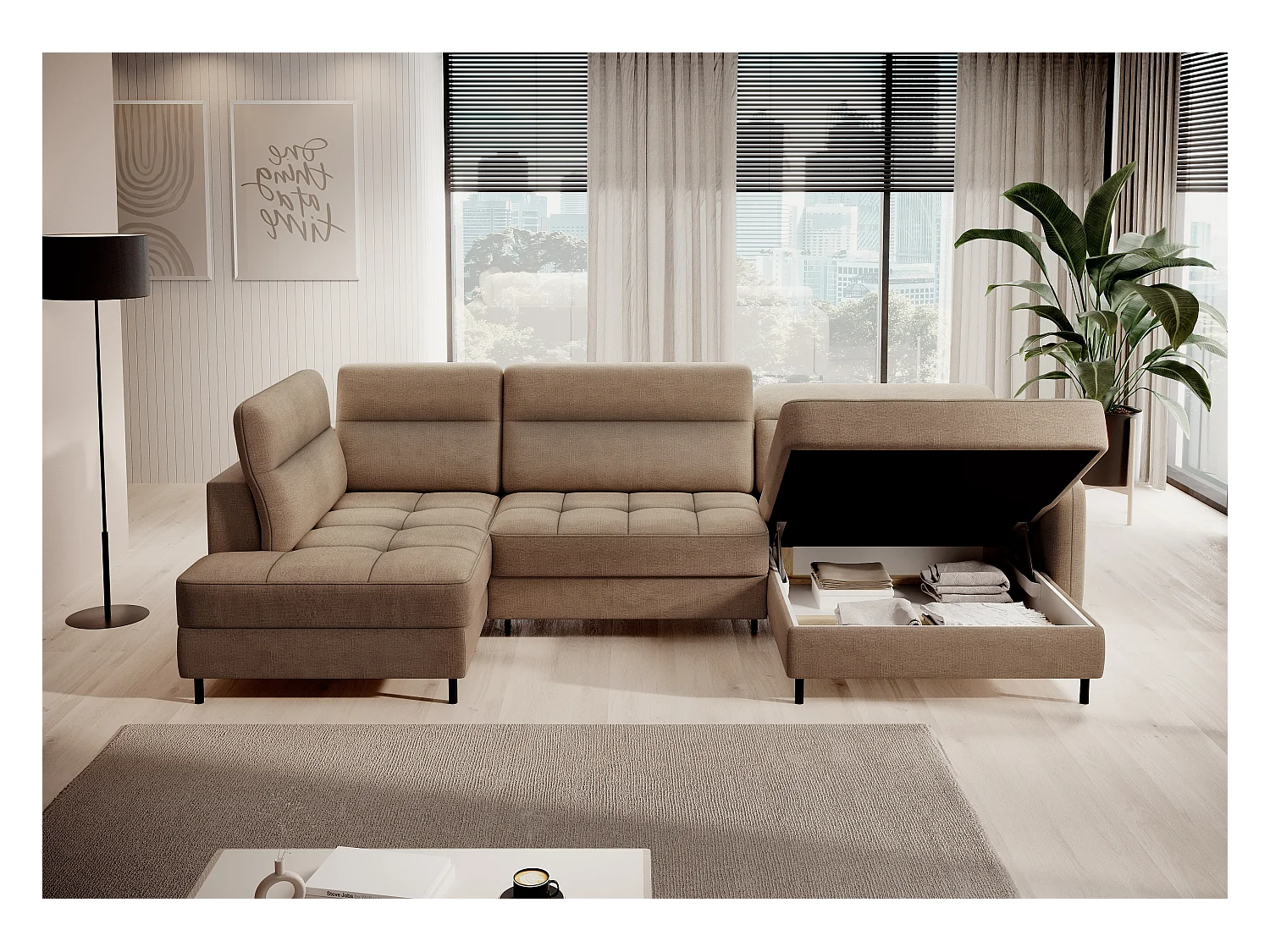 Canapé panoramique convertible BENTO en tissu avec coffre de rangement-Marron clair-angle droit