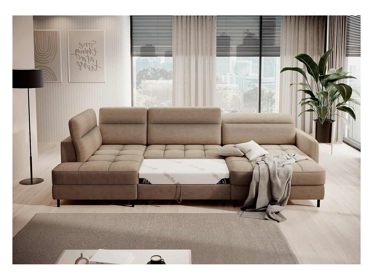 Canapé panoramique convertible BENTO en tissu avec coffre de rangement-Marron clair-angle droit