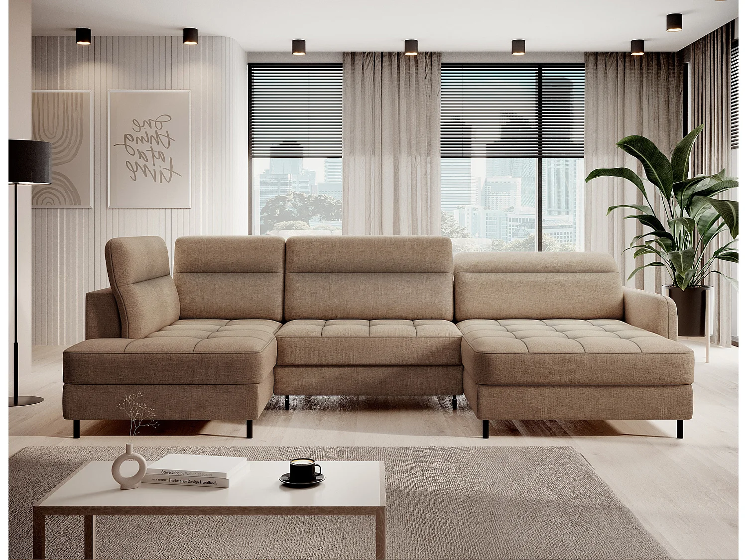 Canapé panoramique convertible BENTO en tissu avec coffre de rangement-Marron clair-angle droit