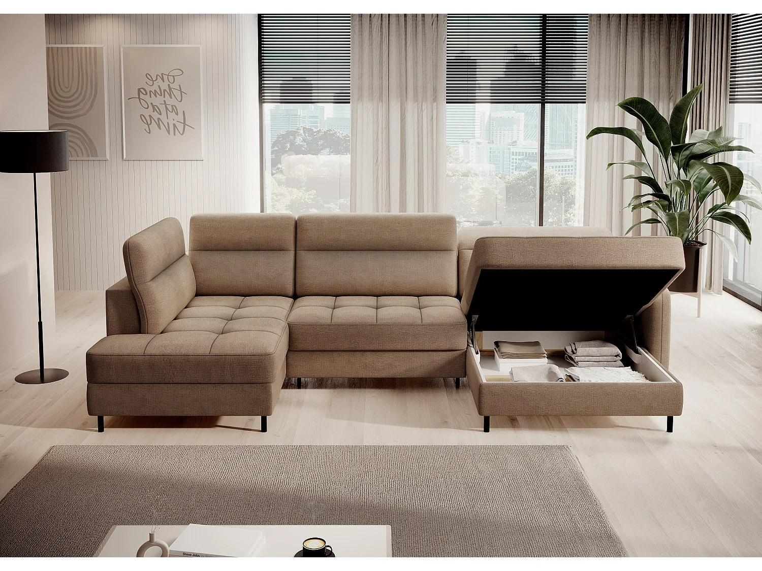 Canapé panoramique convertible BENTO en tissu avec coffre de rangement-Marron clair-angle droit