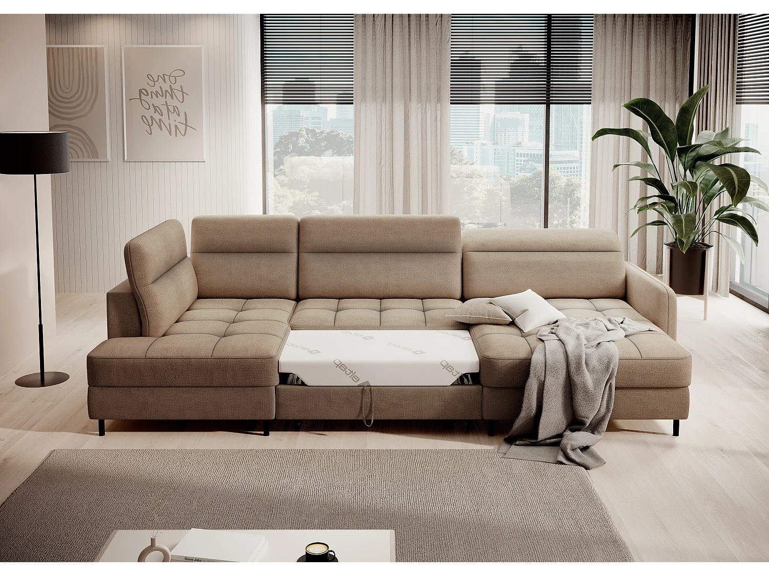 Canapé panoramique convertible BENTO en tissu avec coffre de rangement-Marron clair-angle droit