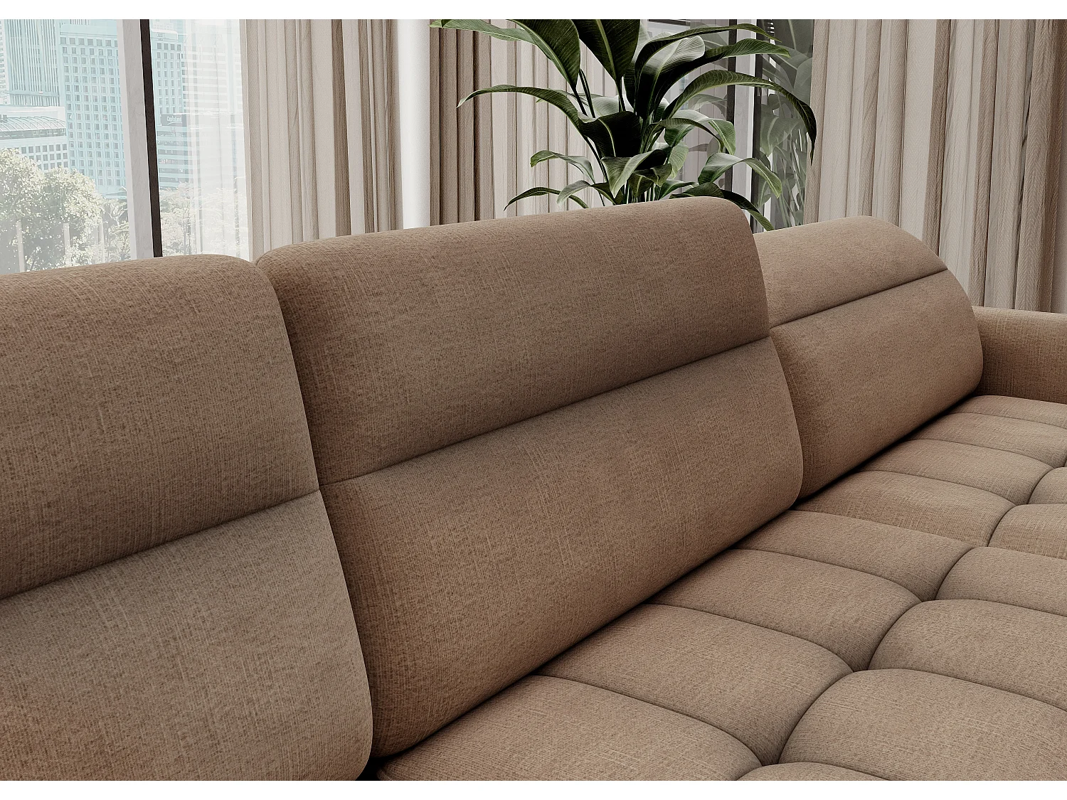 Canapé panoramique convertible BENTO en tissu avec coffre de rangement-Marron clair-angle droit