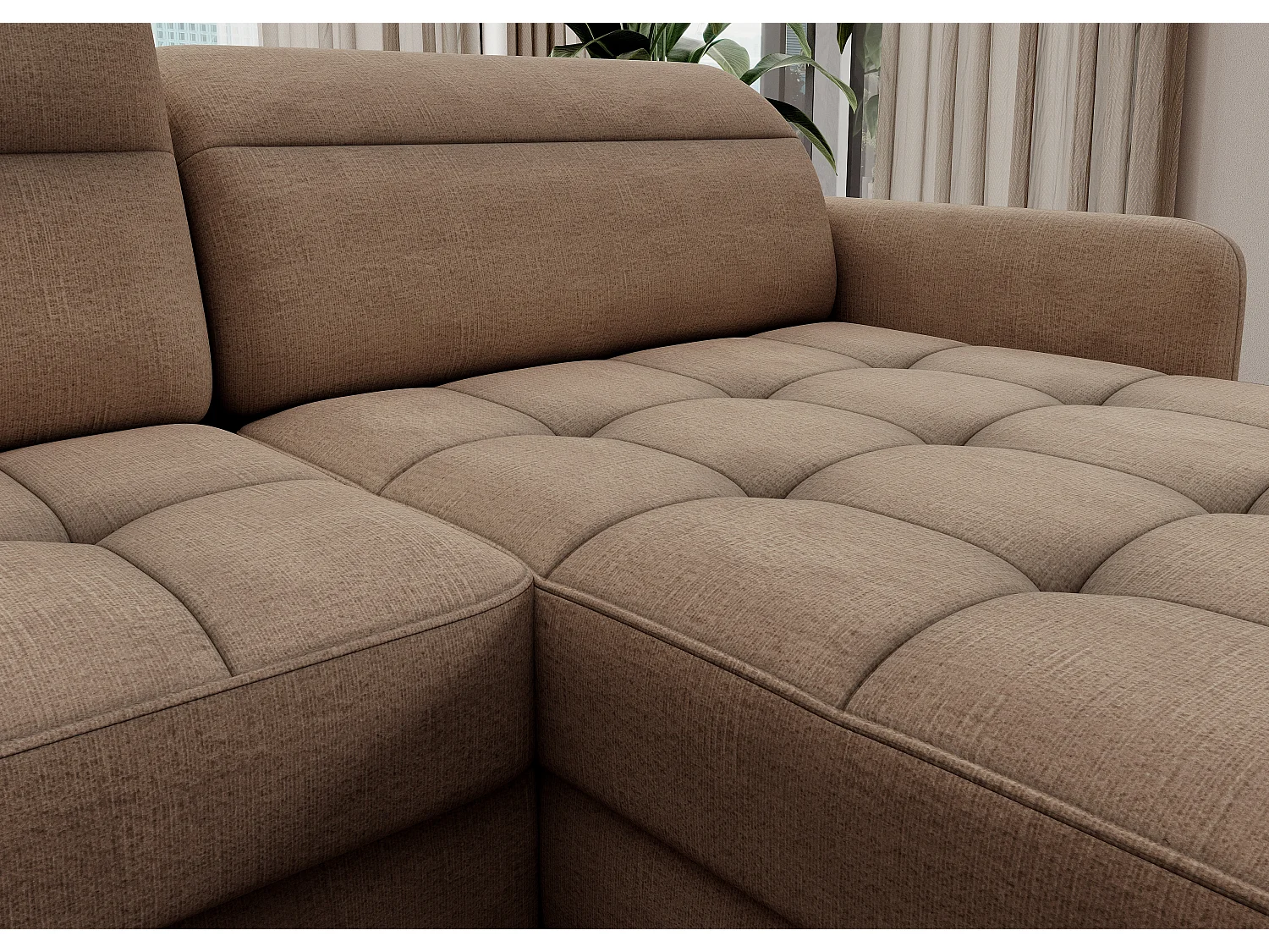 Canapé panoramique convertible BENTO en tissu avec coffre de rangement-Marron clair-angle droit