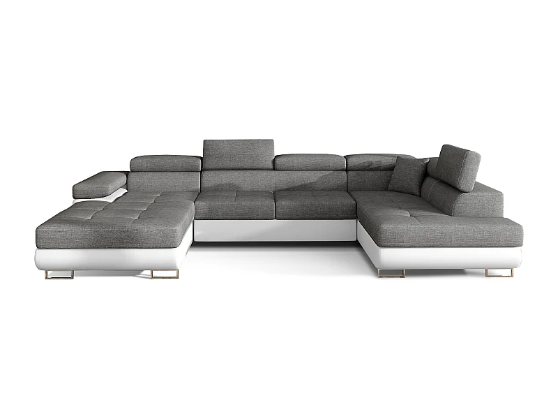 Canapé panoramique convertible ROMANO - Rangement et appuie-têtes réglables-Blanc/Gris-Coffre à droite