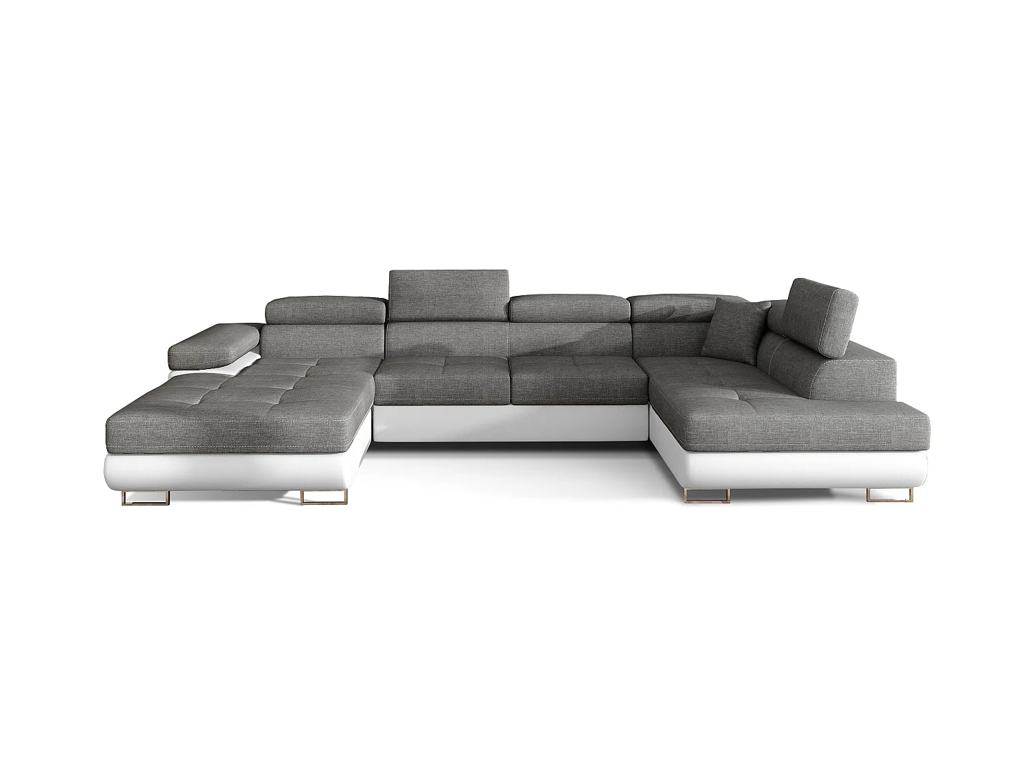 Canapé panoramique convertible ROMANO - Rangement et appuie-têtes réglables-Blanc/Gris-Coffre à droite