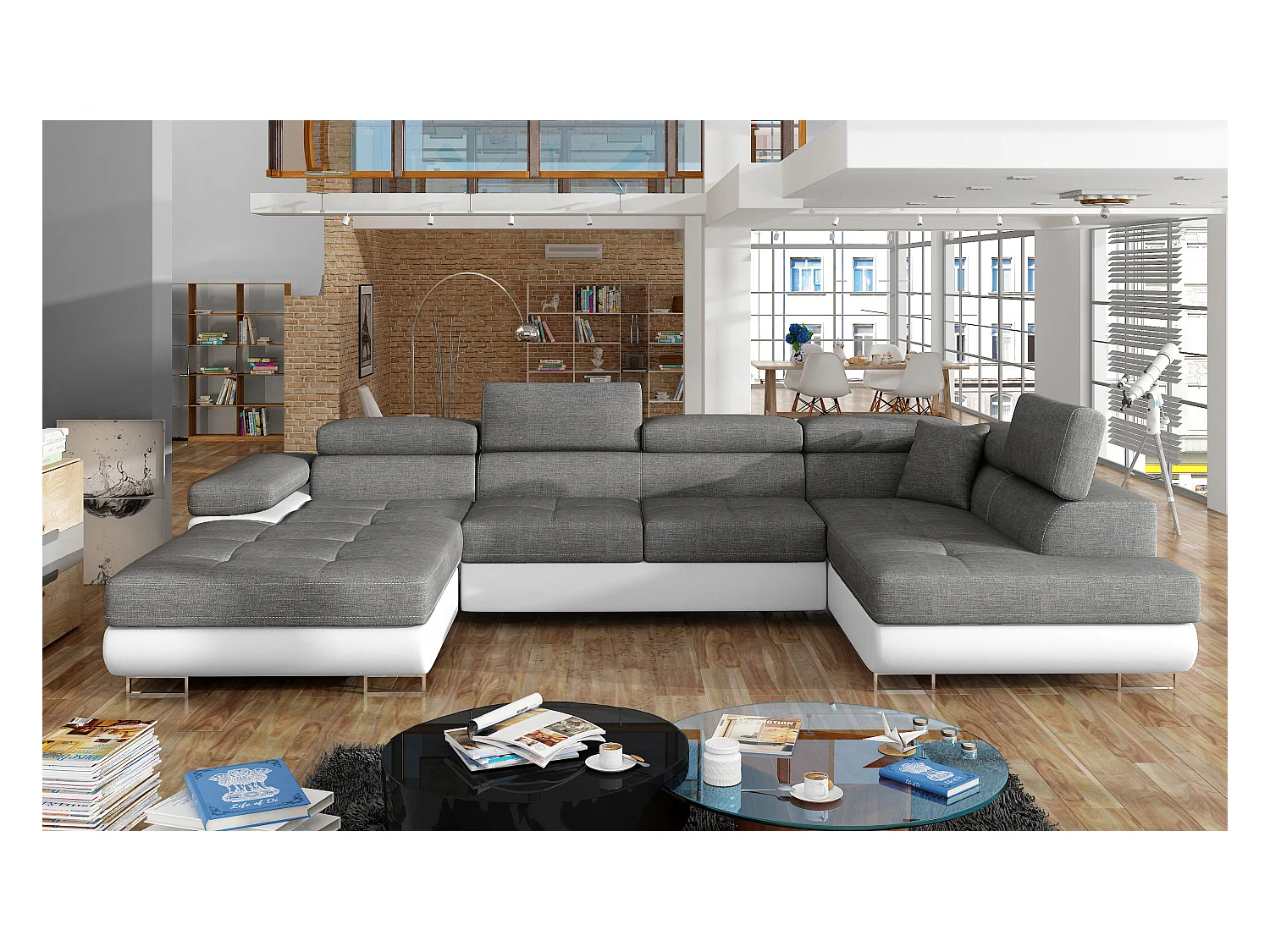 Canapé panoramique convertible ROMANO - Rangement et appuie-têtes réglables-Blanc/Gris-Coffre à droite