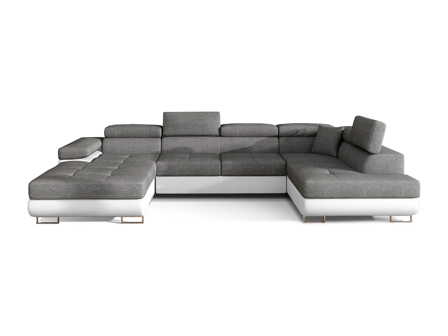 Canapé panoramique convertible ROMANO - Rangement et appuie-têtes réglables-Blanc/Gris-Coffre à droite