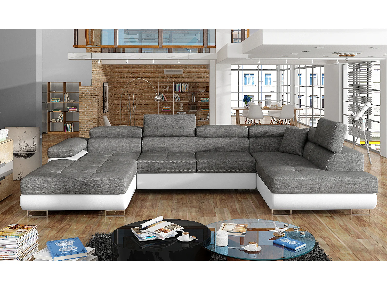 Canapé panoramique convertible ROMANO - Rangement et appuie-têtes réglables-Blanc/Gris-Coffre à droite