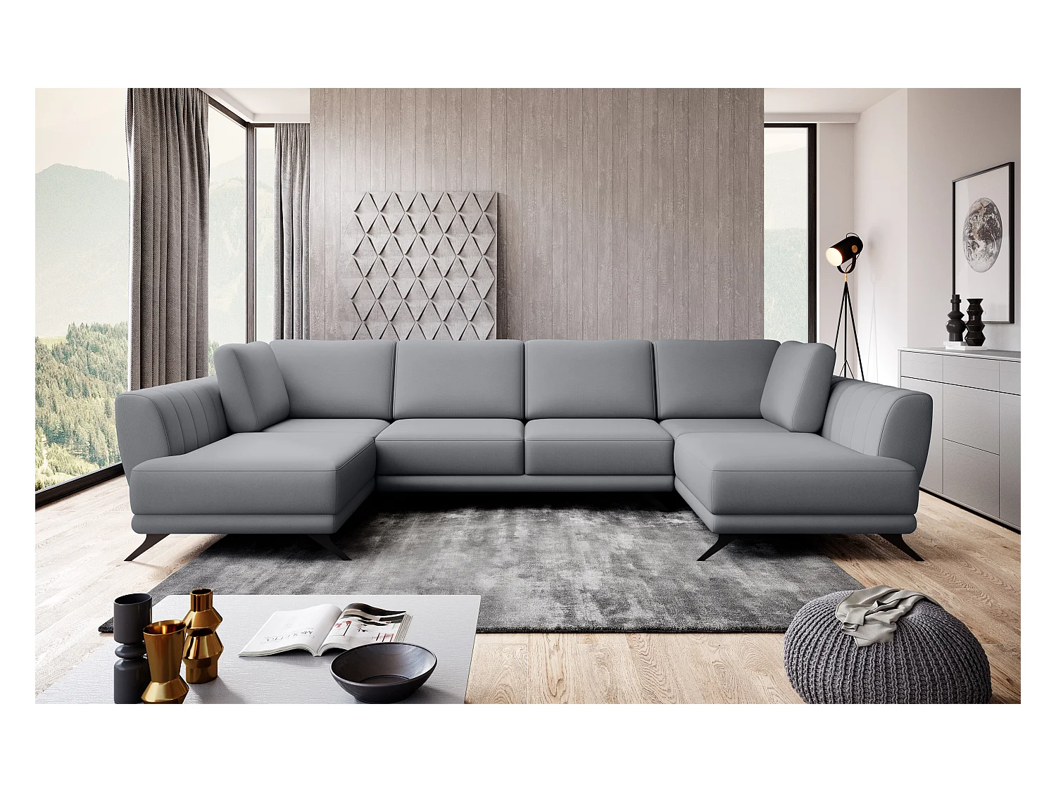 Canapé panoramique LARGOS – Tissu-Gris clair