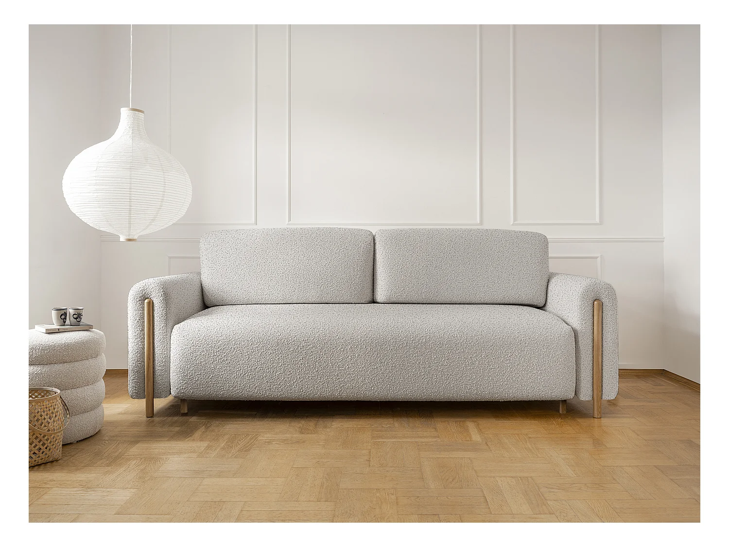 Canapé convertible en tissu bouclette DOVA - Pieds bois massif naturel-Beige clair