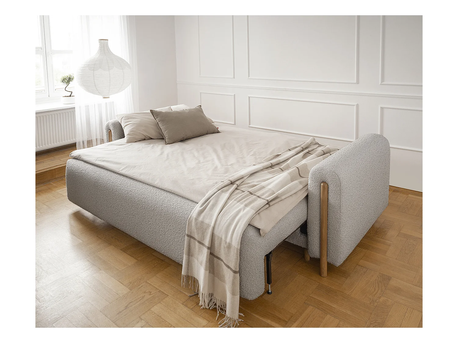 Canapé convertible en tissu bouclette DOVA - Pieds bois massif naturel-Beige clair