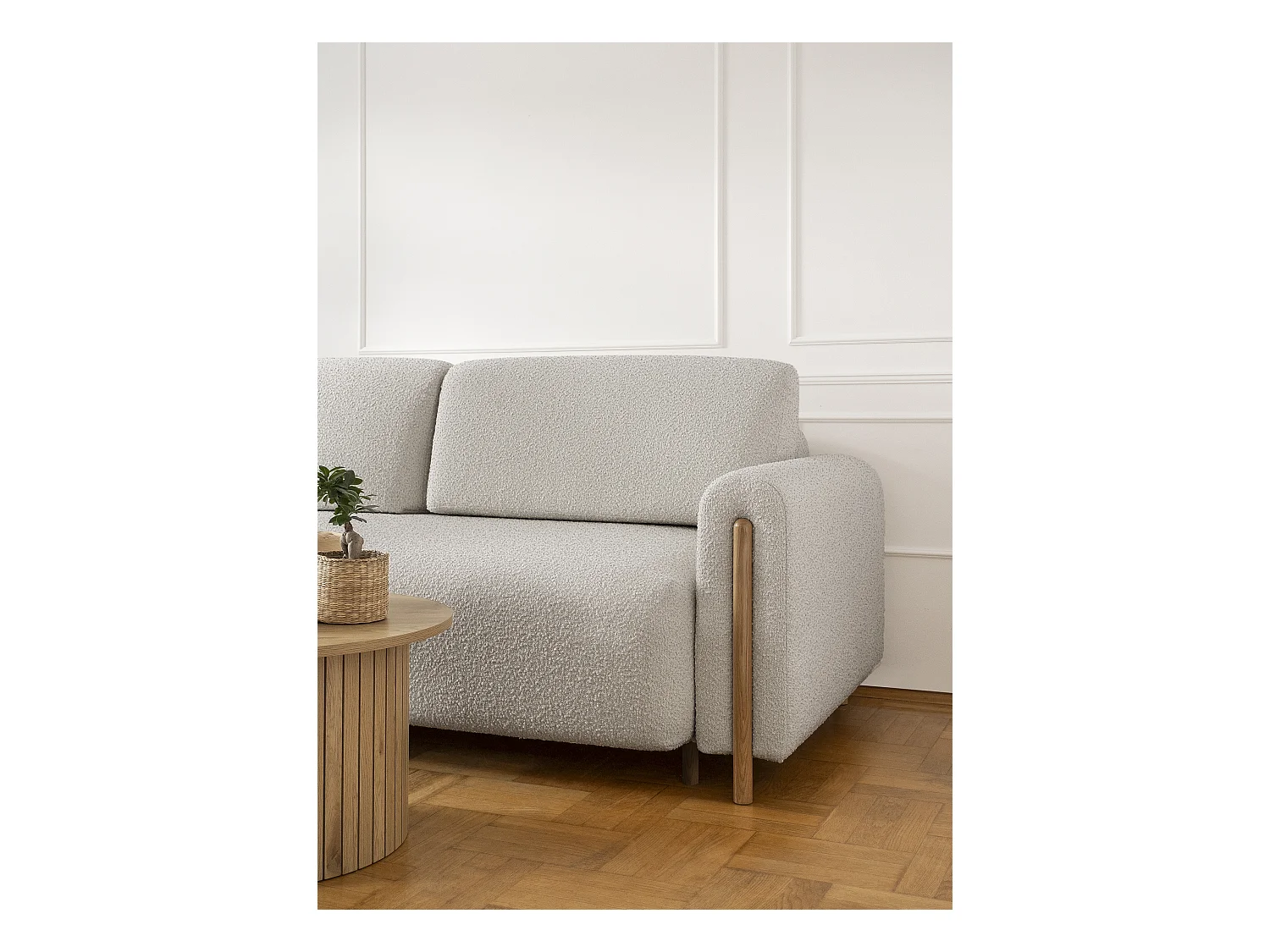 Canapé convertible en tissu bouclette DOVA - Pieds bois massif naturel-Beige clair