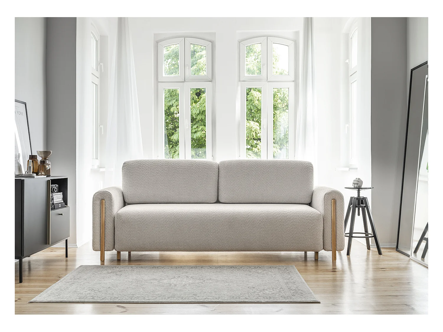 Canapé convertible en tissu bouclette DOVA - Pieds bois massif naturel-Beige clair