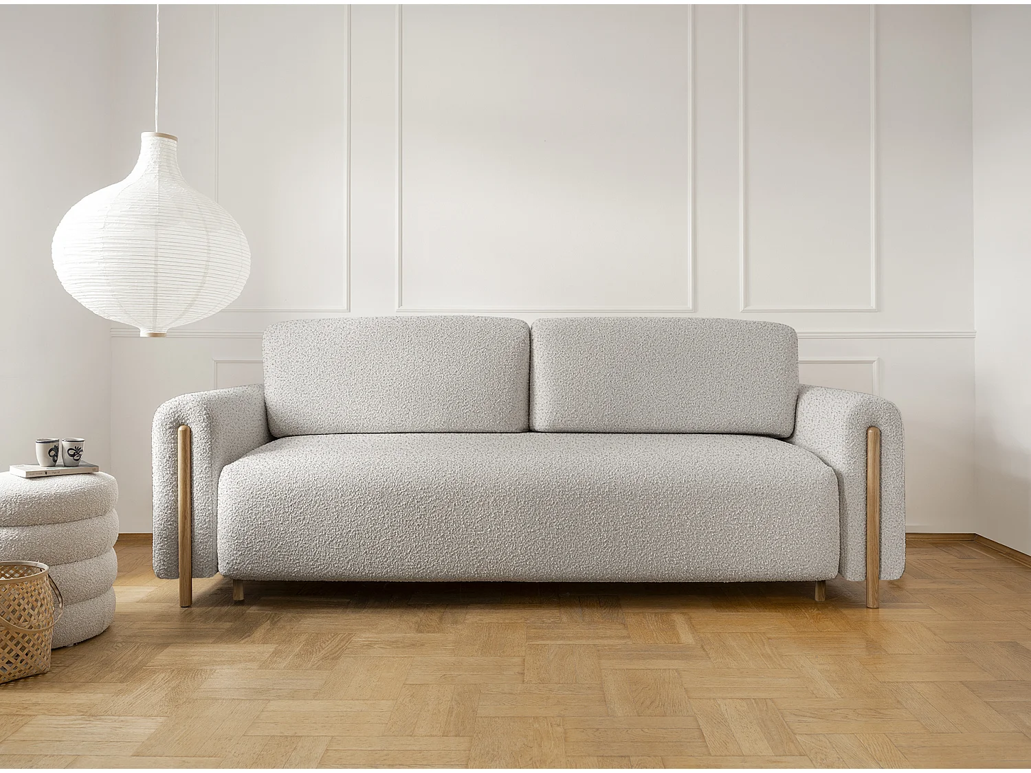 Canapé convertible en tissu bouclette DOVA - Pieds bois massif naturel-Beige clair