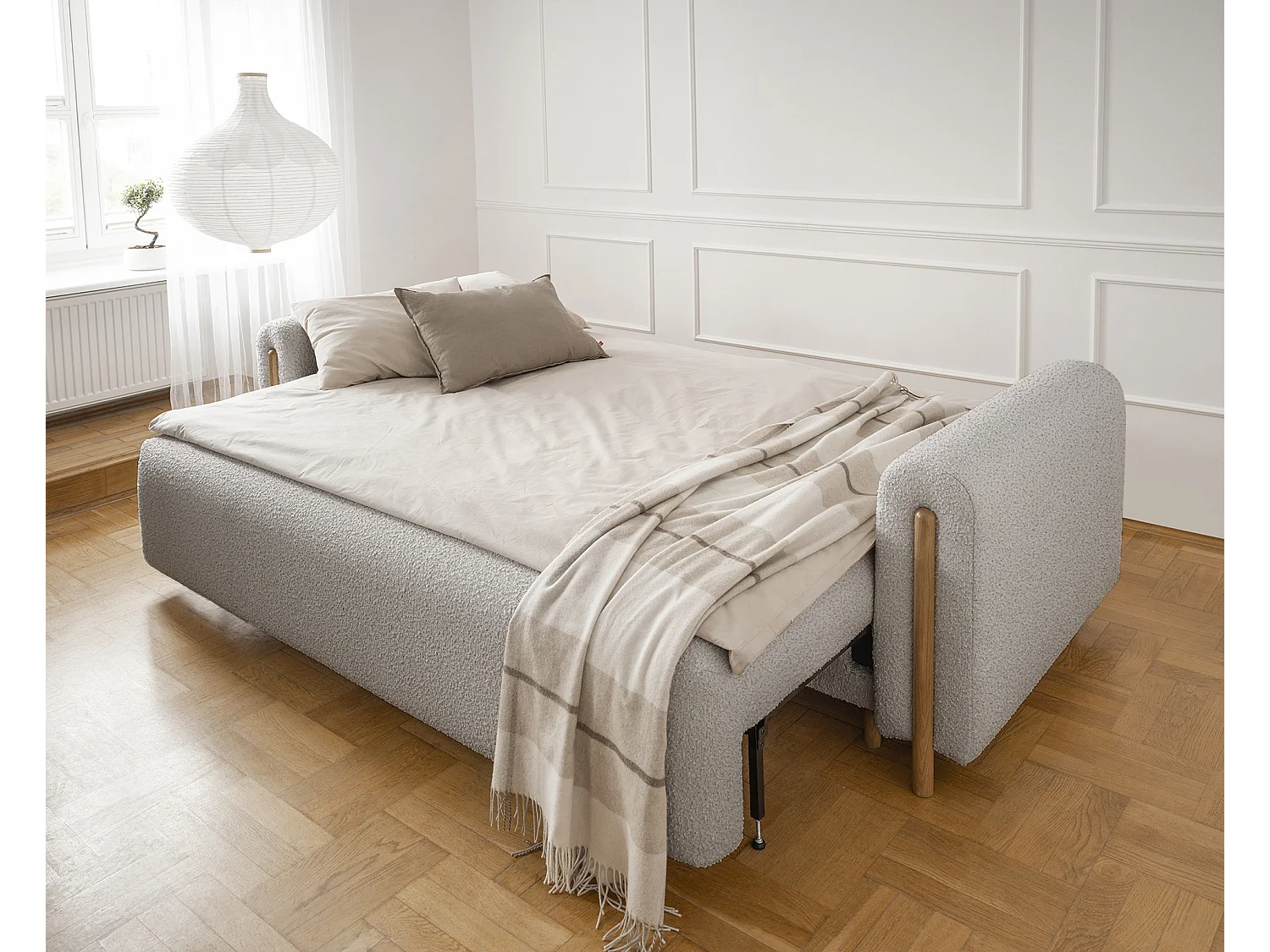 Canapé convertible en tissu bouclette DOVA - Pieds bois massif naturel-Beige clair