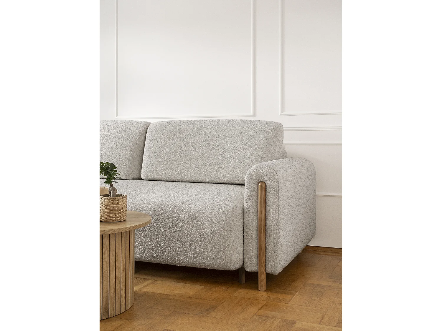 Canapé convertible en tissu bouclette DOVA - Pieds bois massif naturel-Beige clair