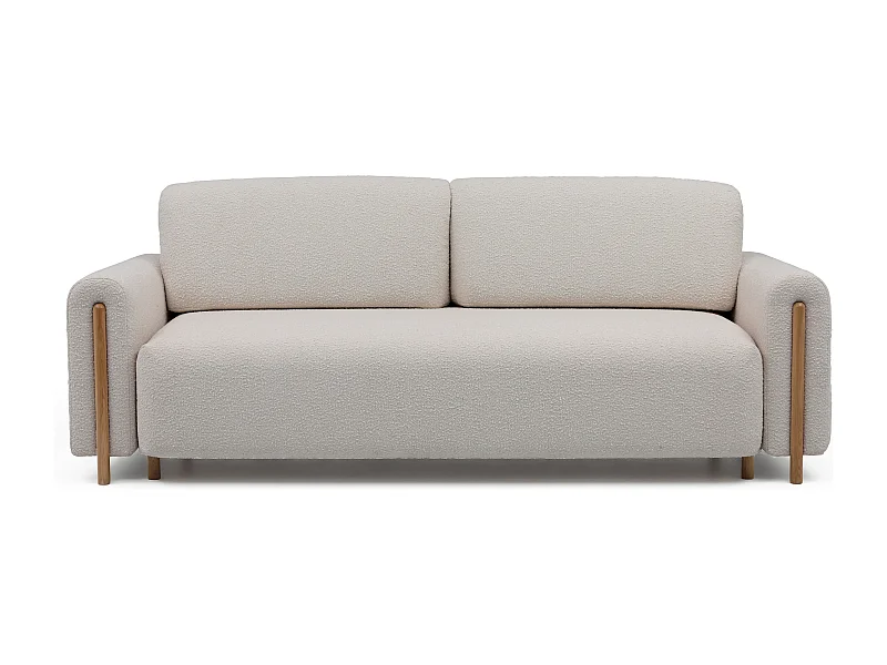 Canapé convertible en tissu bouclette DOVA - Pieds bois massif naturel-Beige clair