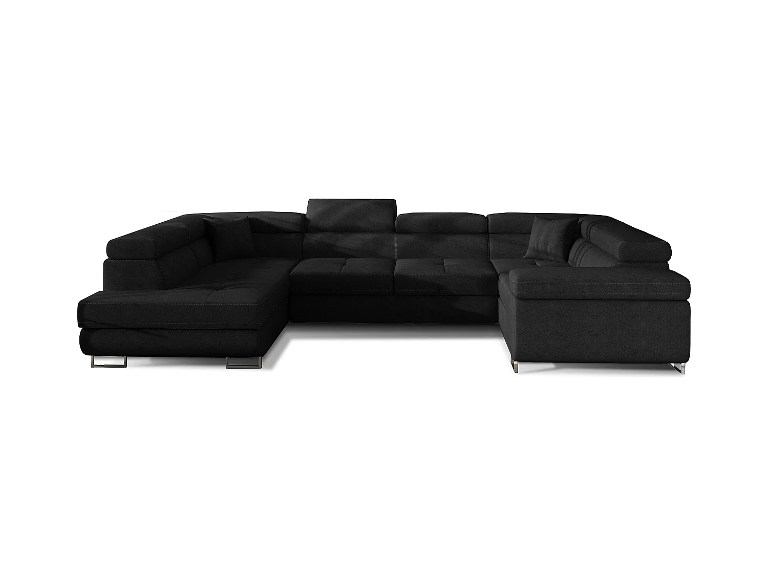 Canapé convertible panoramique TOVY velours - Rangement et têtières réglables-Noir-Coffre à gauche