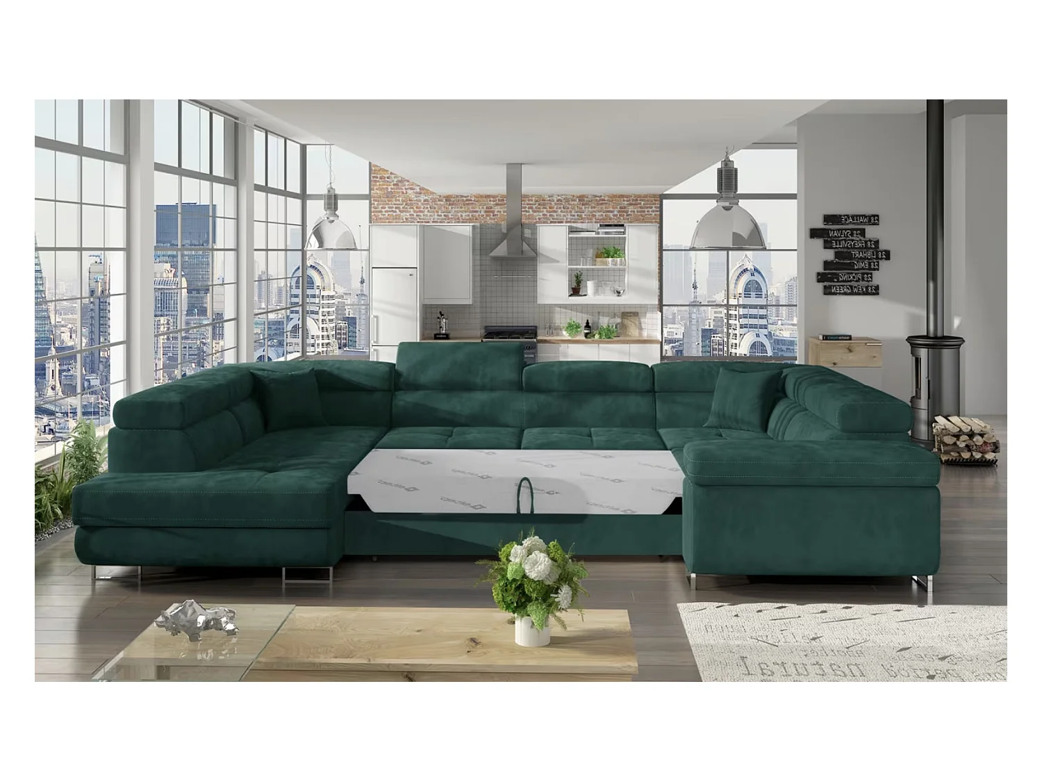 Canapé convertible panoramique TOVY velours - Rangement et têtières réglables-Noir-Coffre à gauche