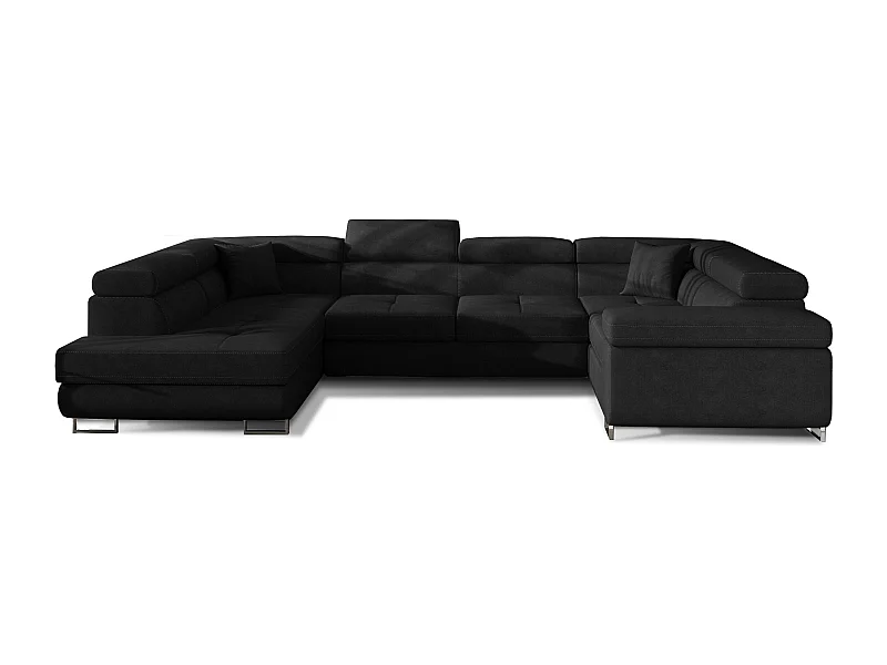 Canapé convertible panoramique TOVY velours - Rangement et têtières réglables-Noir-Coffre à gauche