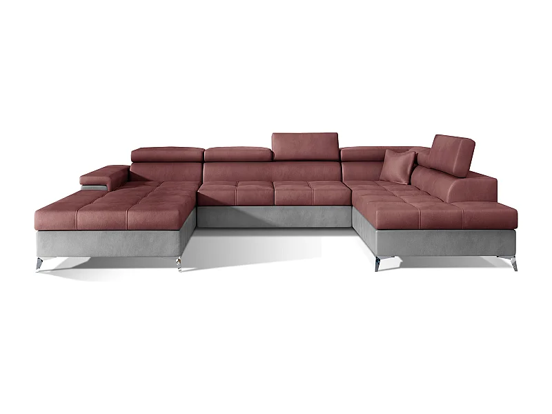 Canapé panoramique convertible KUTTY velours - Rangement et têtières réglables-Gris clair/Rose cuivré-Coffre à droite